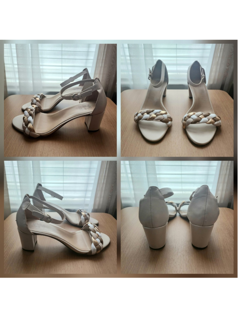 Naturalizer LEATHER Braided Strappy Block Heel Sandals 10 WIDE Beige White Gold - Picture 12 of 15